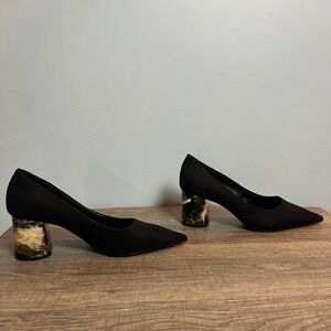 Zara Marble Effect Pumps Size 37 EU 7 US Block Heels Black Suede Point Toe Shoe